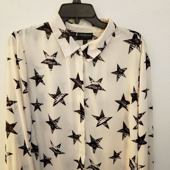 Lane Bryant Lightweight Star Print Cream/Black Button Up Tunic Top Size 18/20 *F - Picture 2 of 10